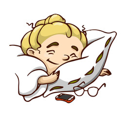 Happy sleeping cartoon girl with pillow and blanket. Vector isolated illustration.