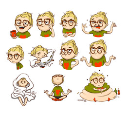 Funny emotional girl stickers set. Vector collection of cartoon emoticons.