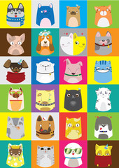 Cute dogs and cats set. Vector colorful pattern of pets.