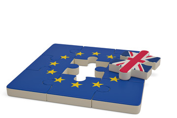 Euro puzzle and one puzzle piece with great britain flag.3D illustration.