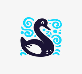 Vector flat cute funny hand drawn swan bird silhouette isolated on white background. Perfect for children goods store logo insignia, kid clothes and accessory prints, zoo logotype etc.