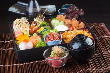 japanese cuisine. lunch box set on the background