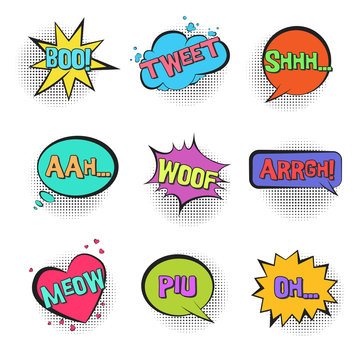 Big set of Retro comic speech bubbles with animal sounds TWEET, WOOF, SHHH, MEOW with halftone shadow in pop art style. Bright colorful balloons for comics book, advertisement text, web design, badge