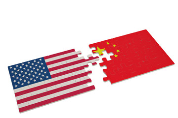 Puzzle with the national flag of united states of america and china on white background.3D illustration.