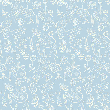 Tender blue spring linear hand drawn floral seamless pattern. Romantic white meadow flowers on blue background texture for textile, wrapping paper, cover, surface, wallpaper