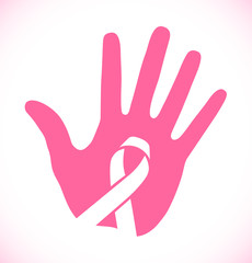 Breast cancer awareness logo, hand print and pink ribbon icon. Vector illustration.