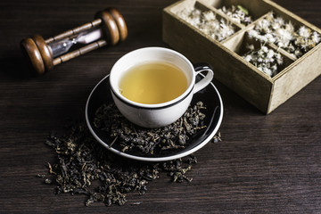 Tea on wood background.