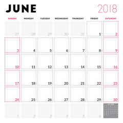 Calendar planner for June 2018. Week starts on Sunday. Printable vector design template. Stationery design