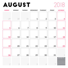Calendar planner for August 2018. Week starts on Sunday. Printable vector design template. Stationery design