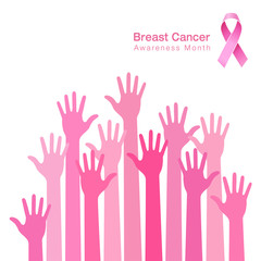 pink ribbon icon, breast cancer awareness, people hands. Vector illustration.