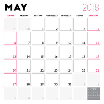 Calendar planner for May 2018. Week starts on Sunday. Printable vector design template. Stationery design