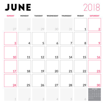 Calendar planner for June 2018. Week starts on Sunday. Printable vector design template. Stationery design