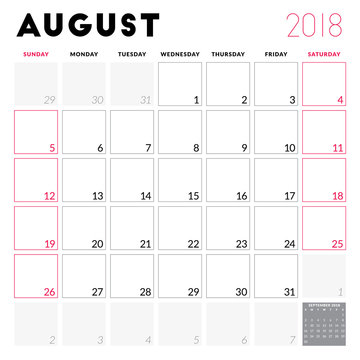 Calendar planner for August 2018. Week starts on Sunday. Printable vector design template. Stationery design