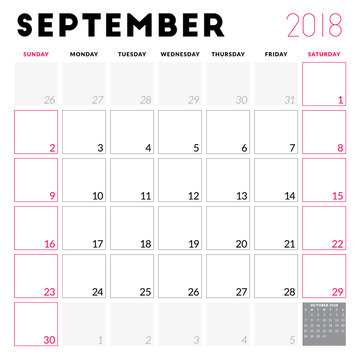 Calendar planner for September 2018. Week starts on Sunday. Printable vector design template. Stationery design