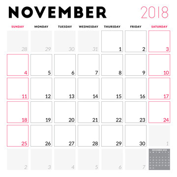 Calendar planner for November 2018. Week starts on Sunday. Printable vector design template. Stationery design
