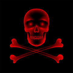 Skull and crossbones X-ray concept design illustration red color isolated glow in the dark background, with copy space