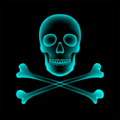 Skull and crossbones X-ray concept design illustration isolated glow in the dark background, with copy space