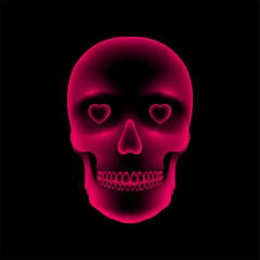 Skull X-ray with Heart eye symbol, love concept design, front view illustration pink color isolated glow in the dark background, with copy space