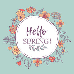 Hello, spring! Bird nests and spring flowers. Vector illustration.