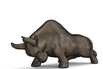 Black steel hexagon mesh bull on white background.3D illustration.