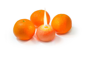 Burning decorative candle in form of mandarin orange and tangerines