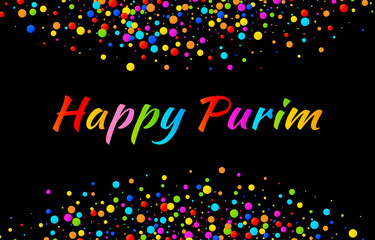 Vector Bright Horizontal Card Happy Purim carnival text with colorful shiny rainbow colors paper confetti frame isolated on black background. Birthday template. Purim Jewish holiday.
