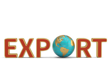 Exports word and globe business trade global corporations.3D illustration.