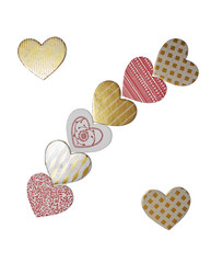 Red and golden heart-shaped decorations isolated on white vackground. Valentine's Day concept.
