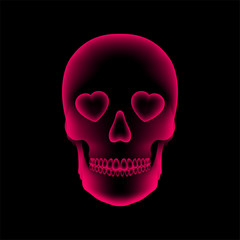 Skull X-ray with Heart eye symbol, love concept design, front view illustration pink color isolated glow in the dark background, with copy space