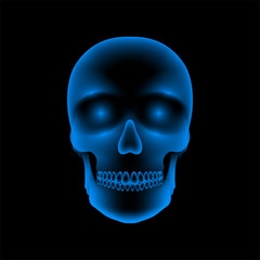 Skull X-ray concept design illustration blue color isolated glow in the dark background, with copy space