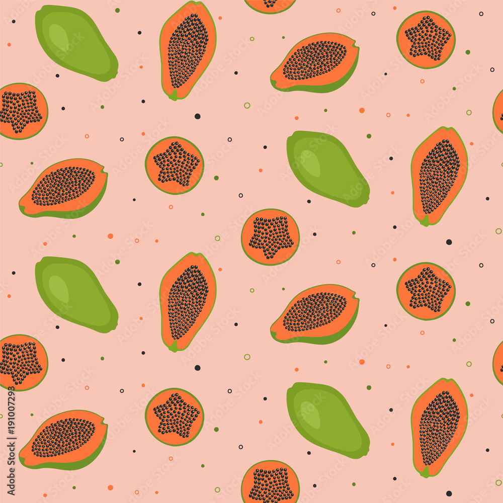 Poster tropical pattern with sliced papaya.seamless print with exotic fruit.colorful textile texture. vecto
