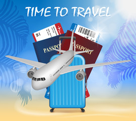 World travel and tourism concept. Banner in tourism theme with airplane on palm beach summer background. Travel agency advertisement airplane poster design. Vector Illustration