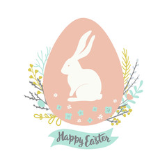 Easter Greeting Card with egg, floral wreath, rabbit and hand drawn lettering on white background. Vector illustration.