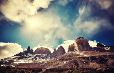 Torres del Paine National Park, color toned picture with lens flare, Chile.