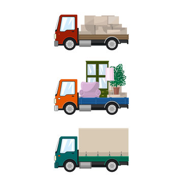 Set of Small Trucks, Cargo Car with Boxes, Orange Mini Lorry with Furniture, Green Closed Truck, Transportation and Delivery Services, Logistics, Vector Illustration