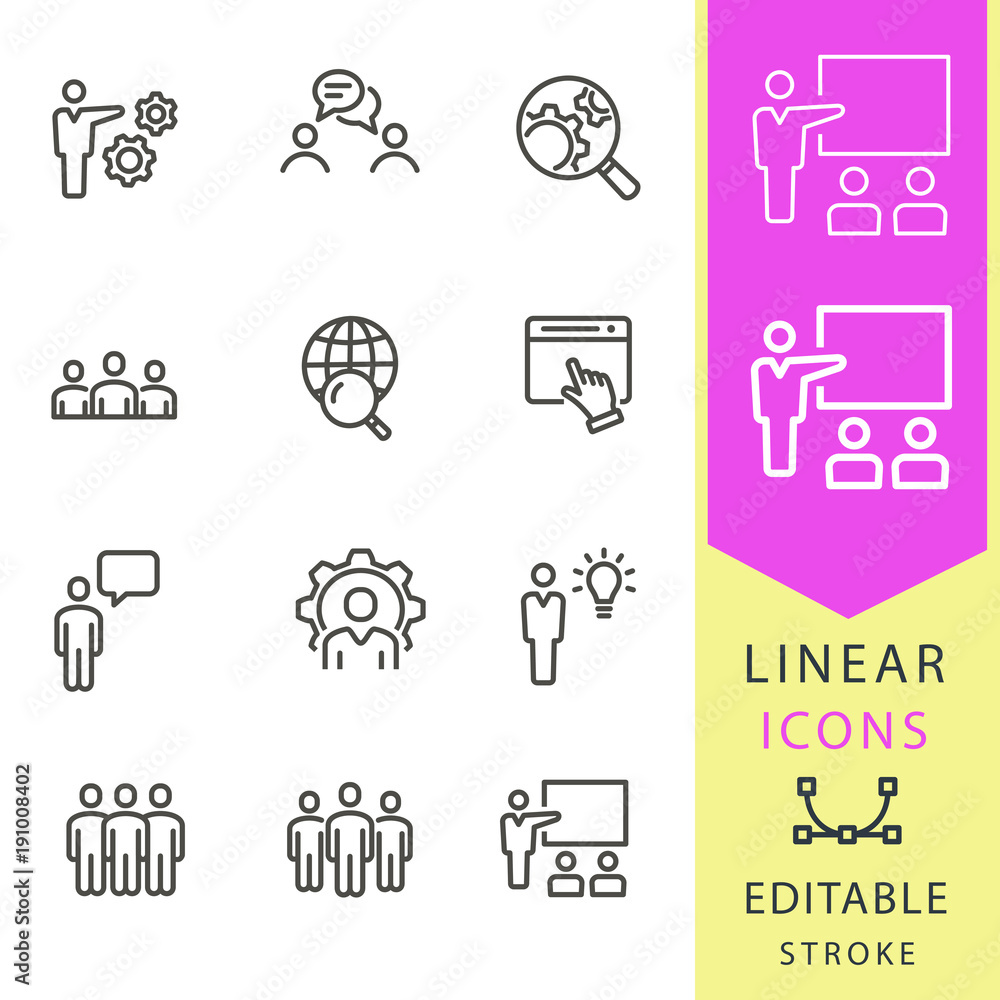 Poster management consulting - line vector icon set. editable stroke.