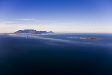 Aerial view of Robben Island with Table Mountain in the distance, Cape Town; South Africa. Former...