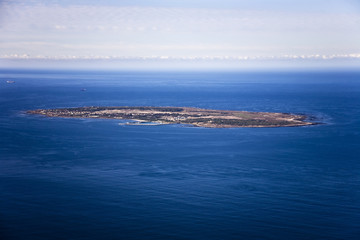 Aerial view of Robben Island in Cape Town, where former South African president, Nelson Mandela was...