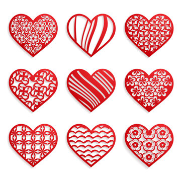 set of red hearts with cut patterns