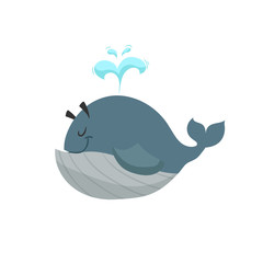 Cartoon trendy design blue whale with fountain mascot. Sea and ocean icon vector illustration. Cheerful and closed eyes animal.