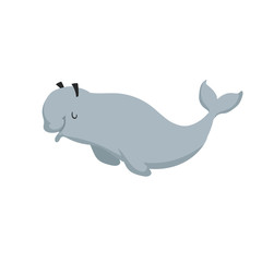 Cartoon beluga whale. Trendy design flat icon of polar white whale. Cheerful and closed eyes. Wildlife vector illustration.