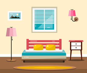 Room with Bed. Vector Flat Design Interior Illustration.