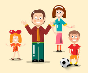 Happy Family Flat Design Vector Illustration. Man, Woman, Boy with Football Ball and Girl