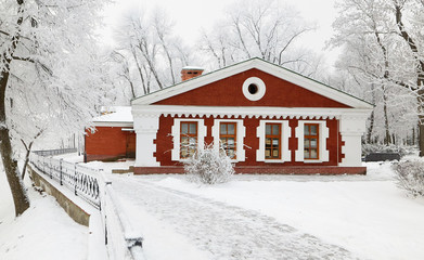 GOMEL, BELARUS - JANUARY 23, 2018: The building The Museum of Folk Art in the city park in icy frost.