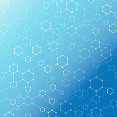 Abstract technology  geometric hexagon with dots line connection blue background. DNA medical and molecules.