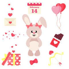 cartoon cute bunny girl valentines day set
