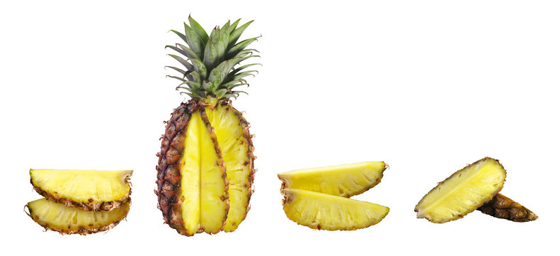 pineapple and pineapple slices isolated on white background