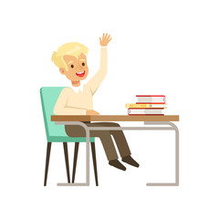Smiling boy character in school uniform sitting at the desk with textbooks and raising his hand vector Illustration