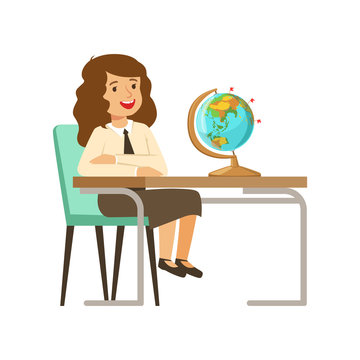 Beautiful girl character in school uniform sitting at the desk with textbooks and globe vector Illustration