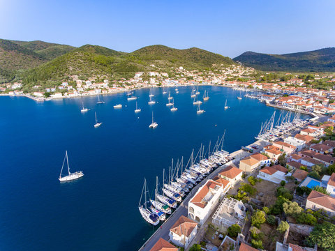 Vathy Ithaka port entrance aerial view